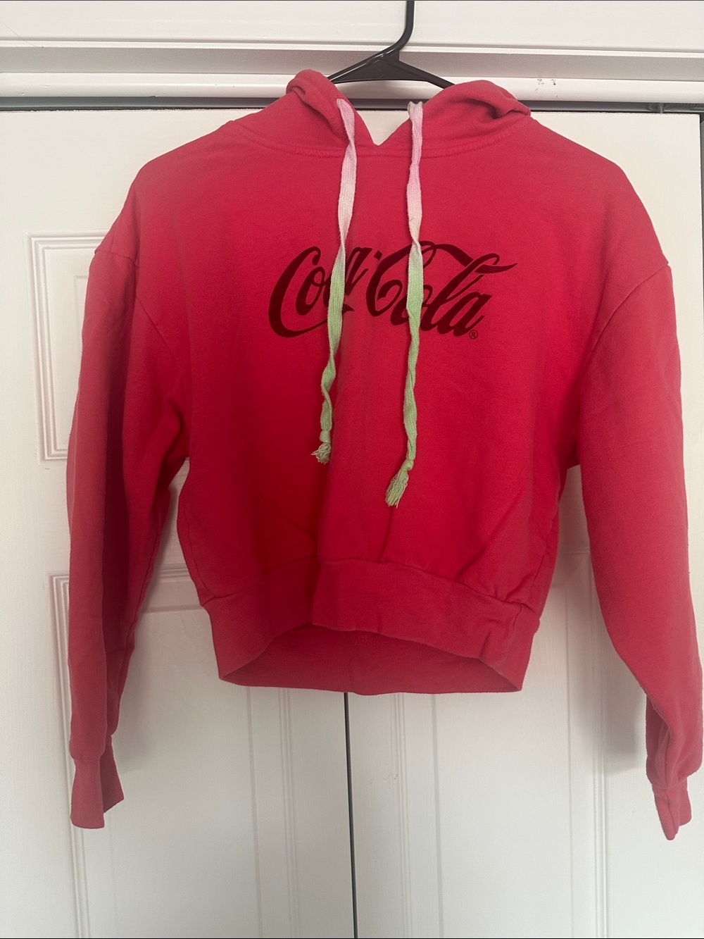 Coca Cola Red Cropped Women's Hoodie with Green Drawstrings